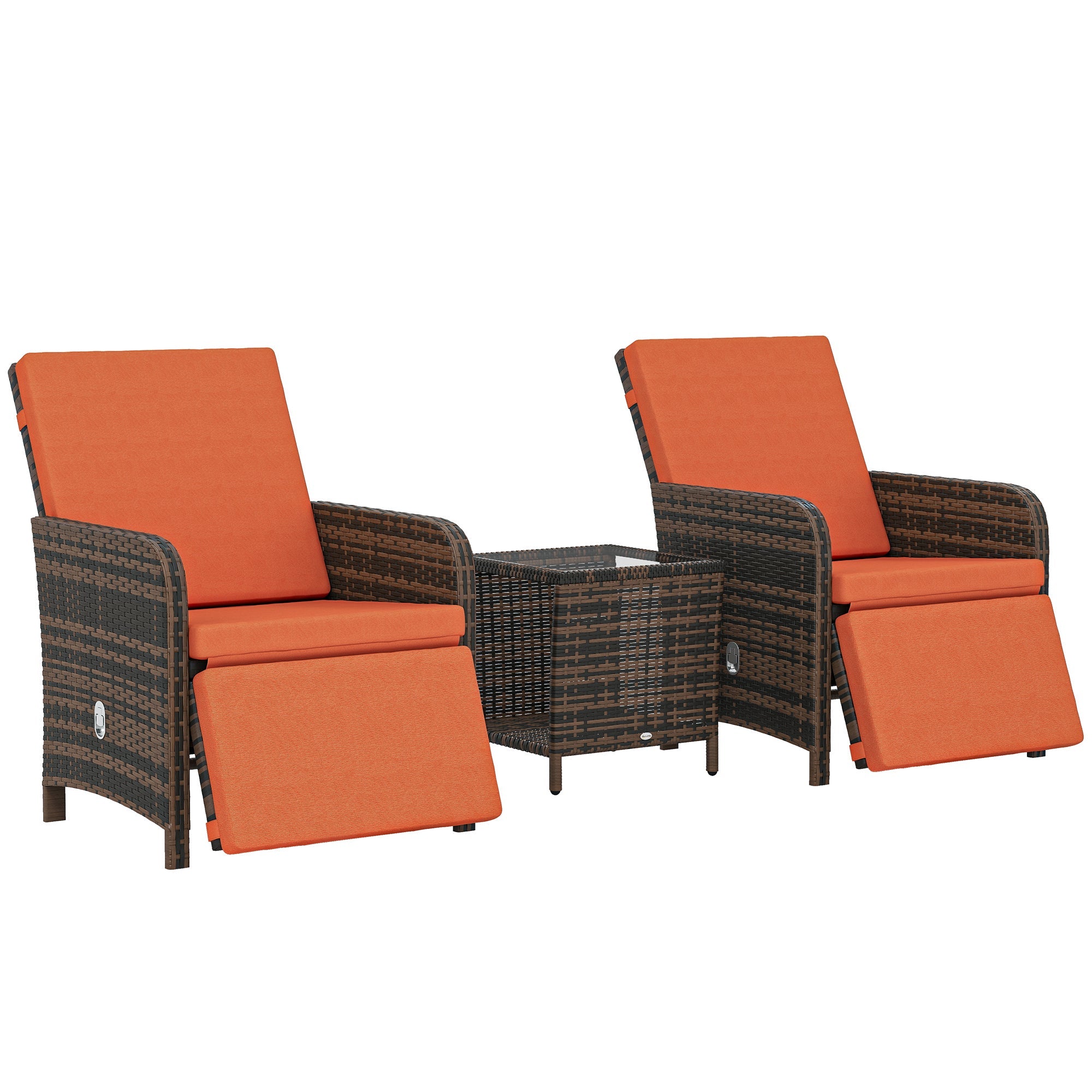 Outsunny 3 pieces rattan bistro set with two reclining garden chairs and orange cushions plus a matching table