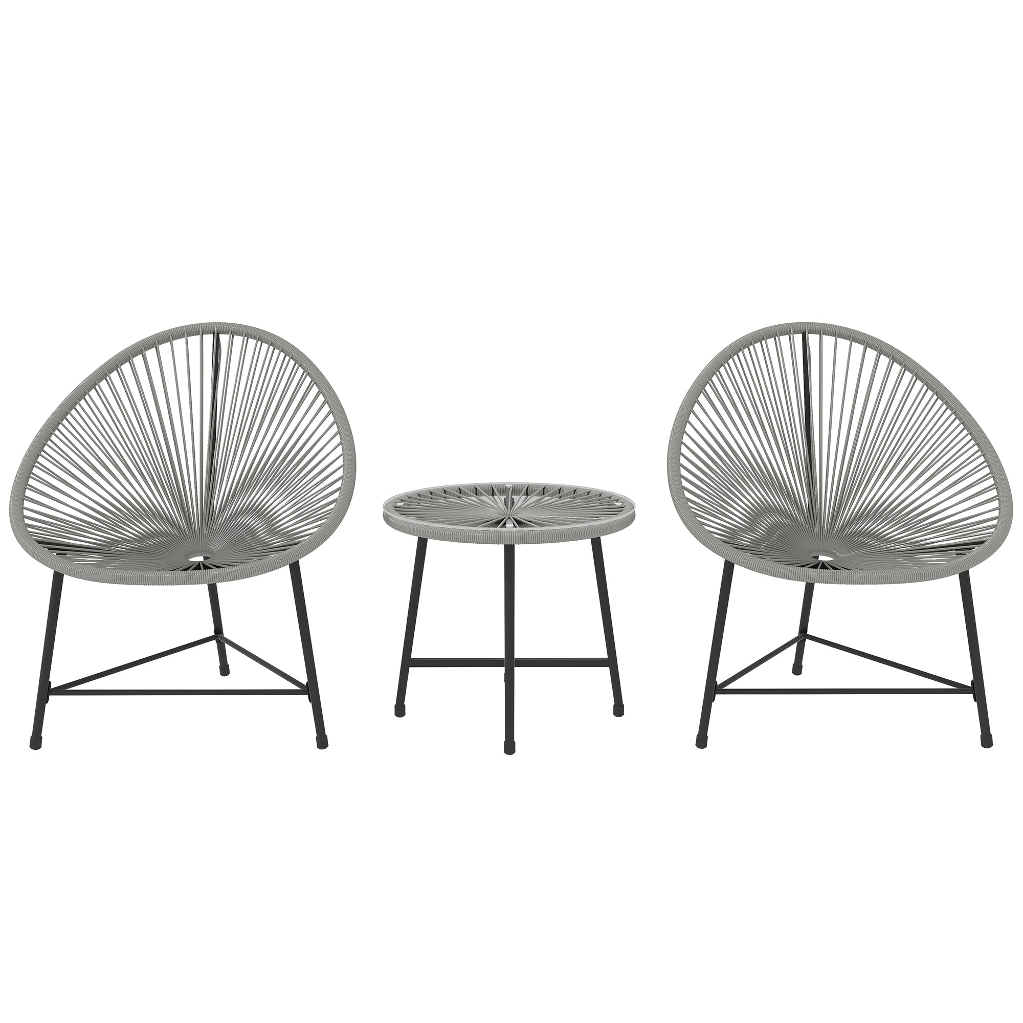 Gray woven rope garden furniture set with acapulco-style oval chairs and tempered glass table top for outdoor use