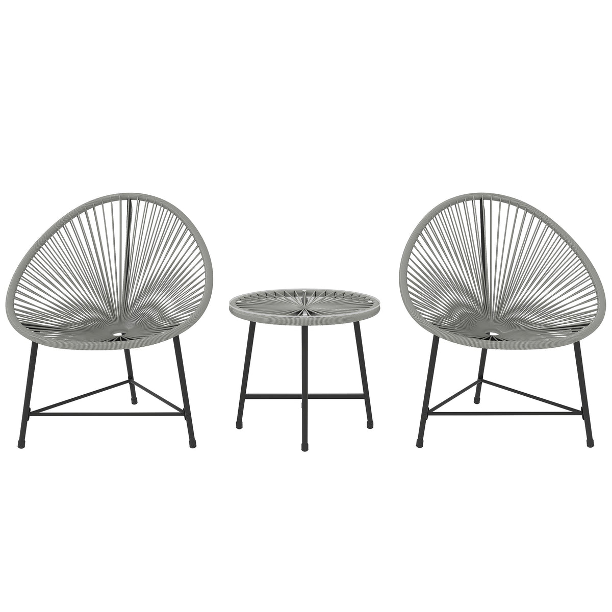 Gray woven rope garden furniture set with acapulco-style oval chairs and tempered glass table top for outdoor use