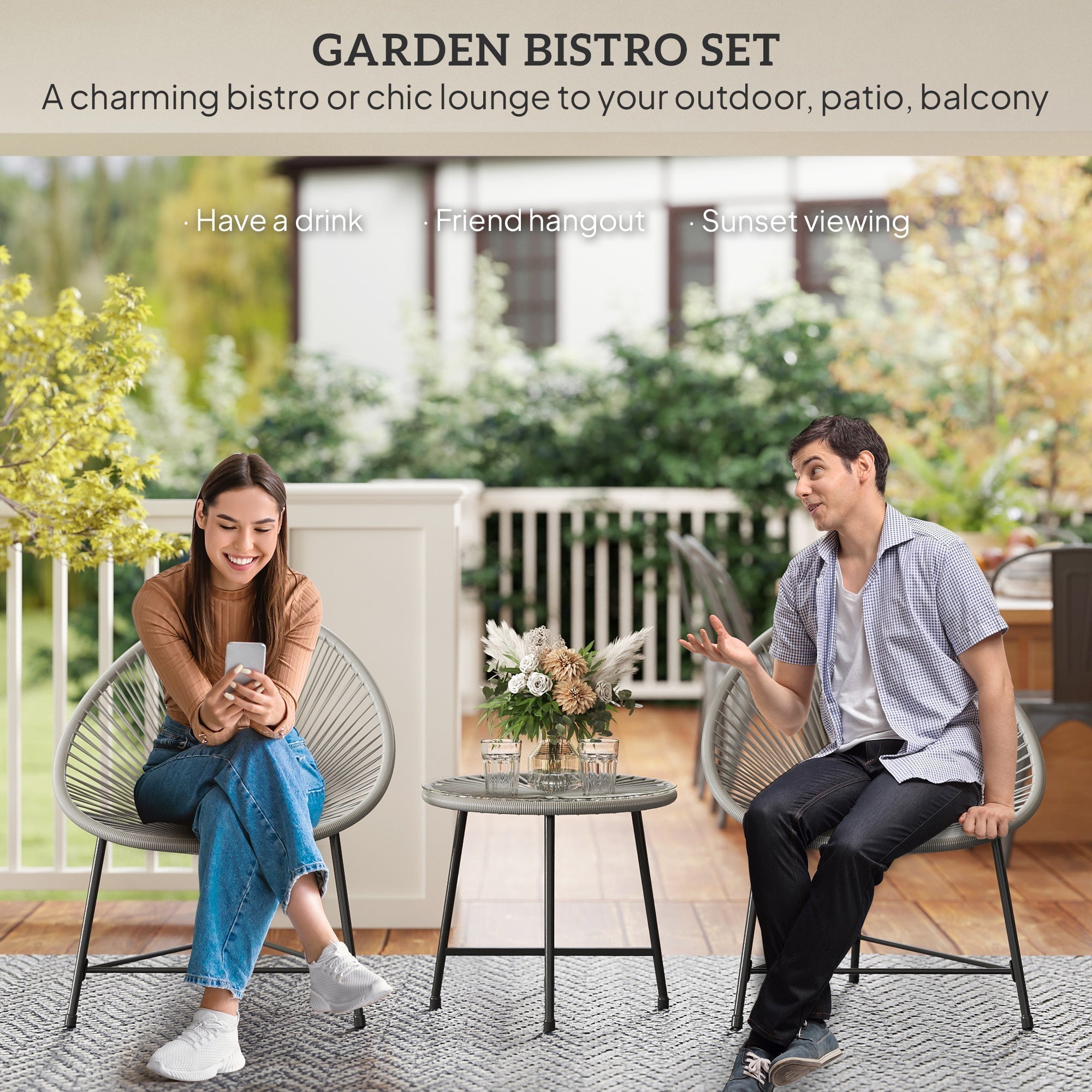 Modern gray woven wicker garden furniture set with acapulco-style oval chairs and tempered glass top table