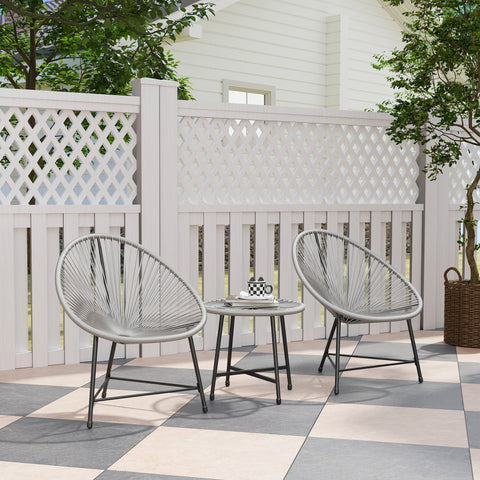 Gray woven wicker acapulco-style oval chairs with black metal frames and a tempered glass garden furniture set table