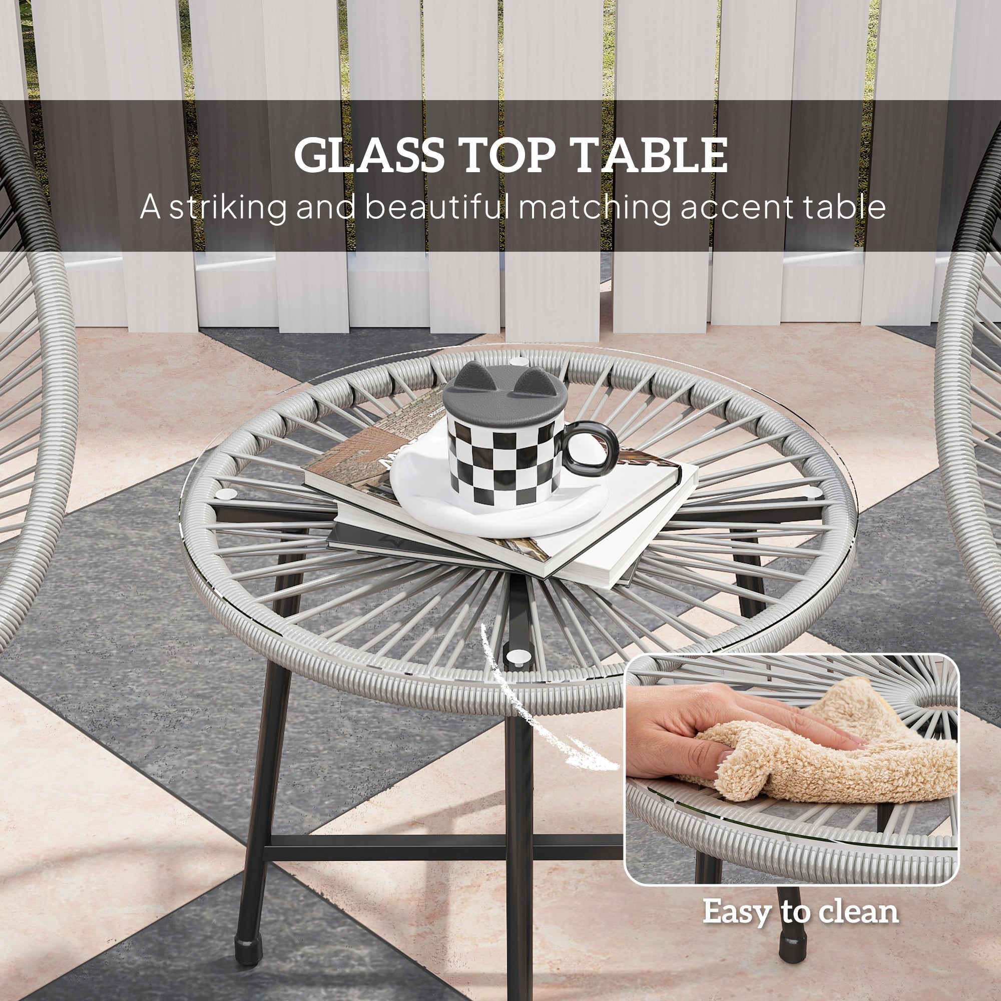 Outsunny garden furniture set with round tempered glass top table, gray woven metal frame, and acapulco-style oval chairs