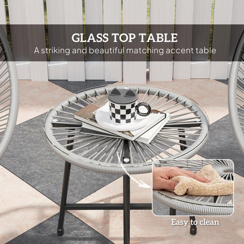 Outsunny garden furniture set with round tempered glass top table, gray woven metal frame, and acapulco-style oval chairs