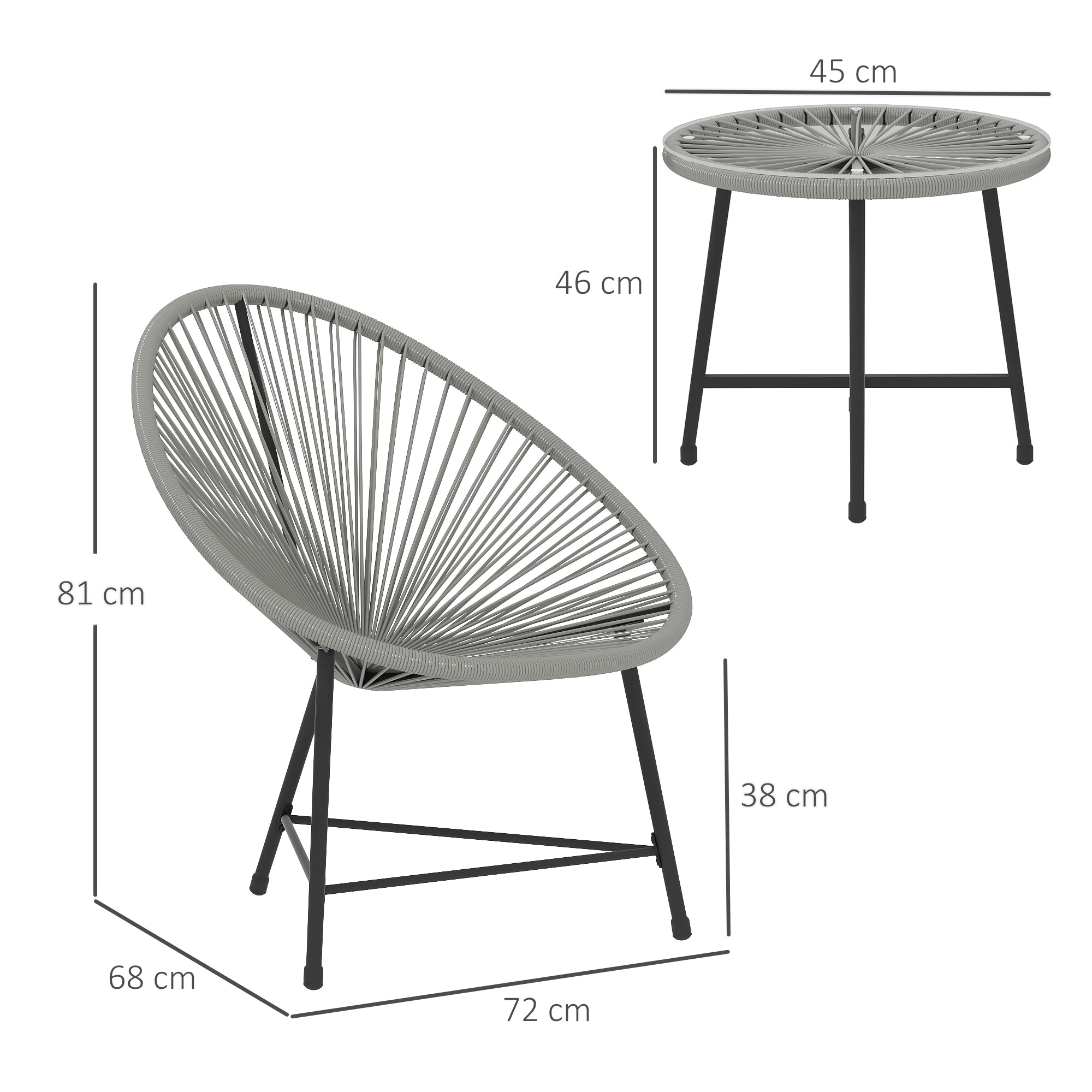 Gray woven rope acme-style chair with black metal legs from outsunny garden furniture set with tempered glass table