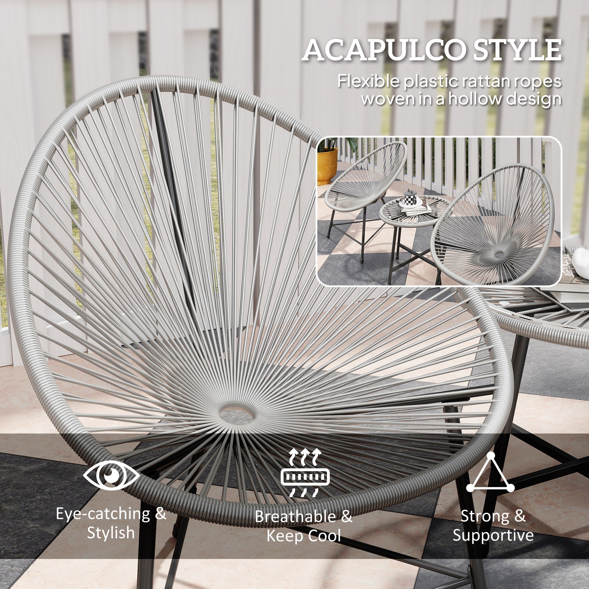 Gray acapulco-style oval chair with flexible plastic rattan ropes in a garden furniture set with tempered glass table