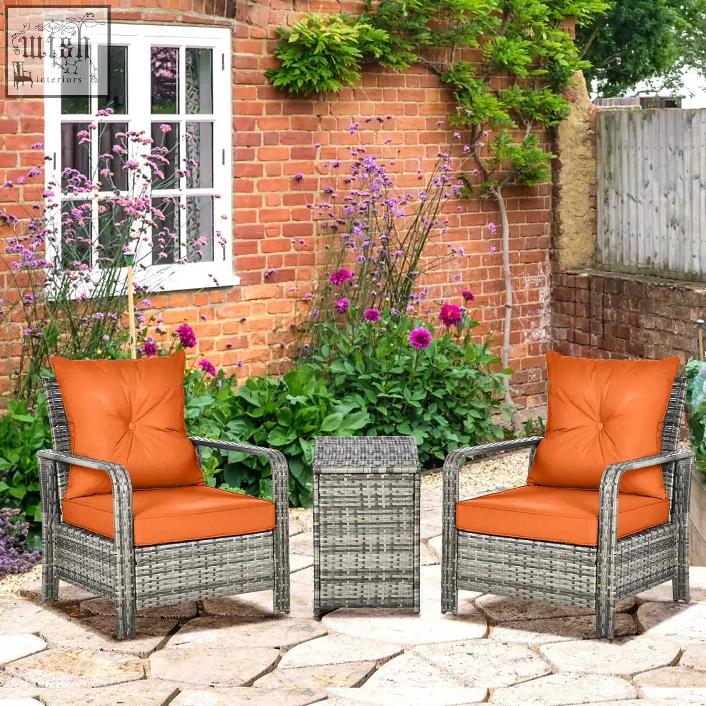 Gray woven rattan bistro set with vibrant orange cushions and storage coffee table for outdoor patio use