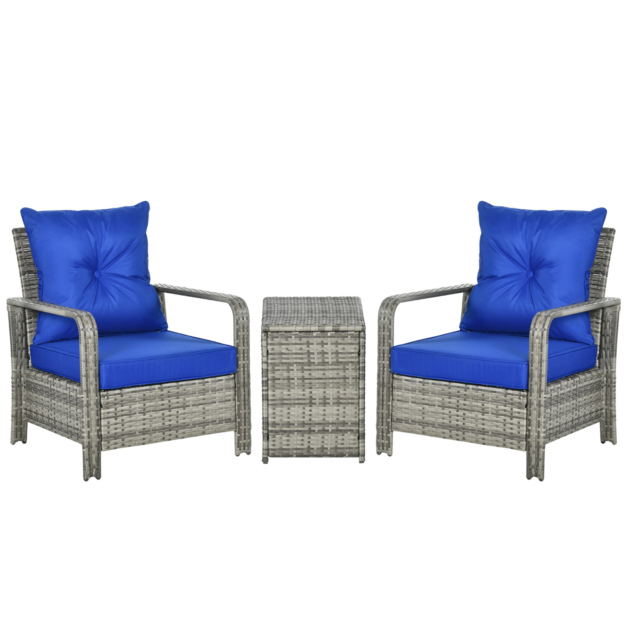 Gray wicker outdoor bistro set with vibrant blue cushions and matching coffee table for patio or balcony use