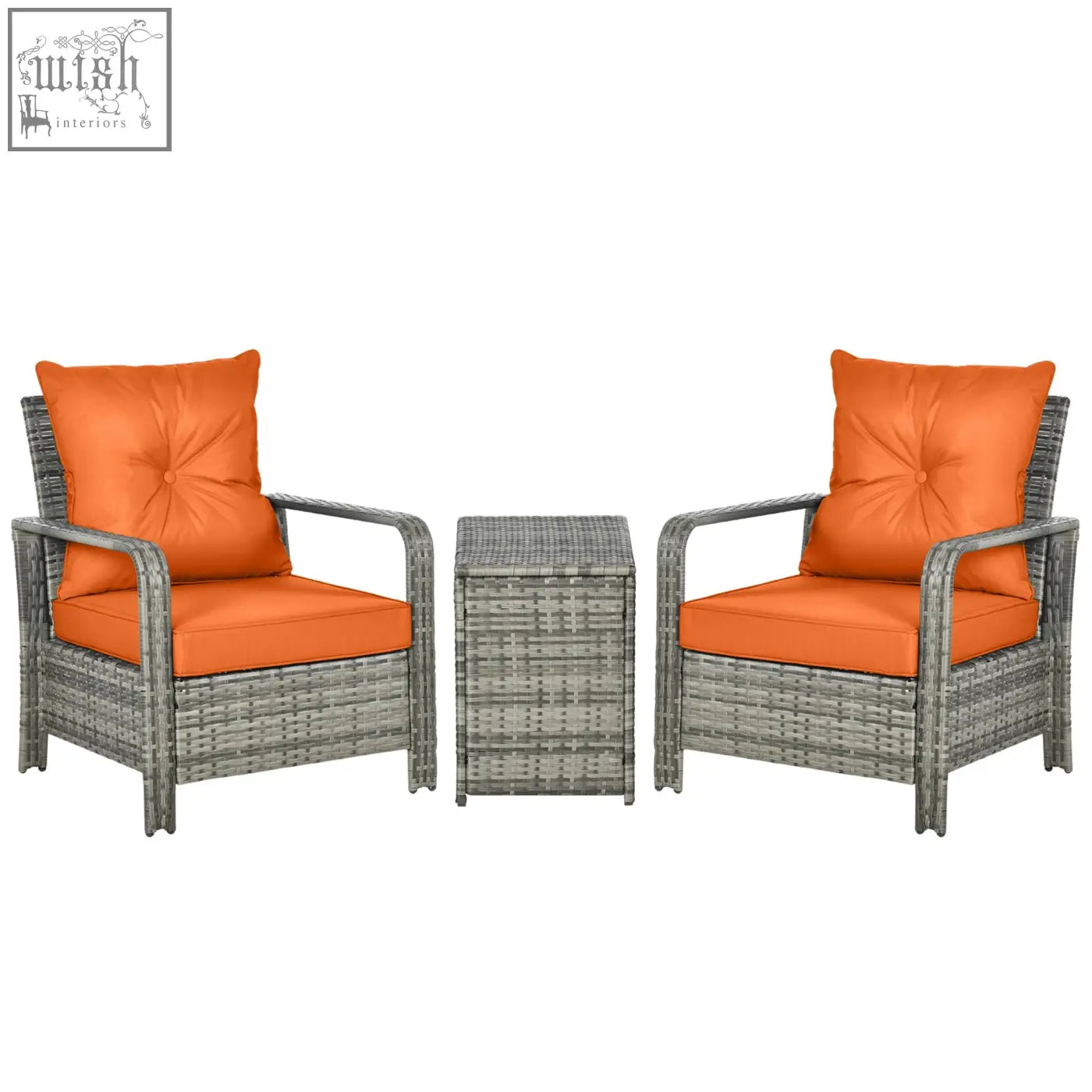 Gray rattan bistro set with vibrant orange cushions and matching storage coffee table for patio use