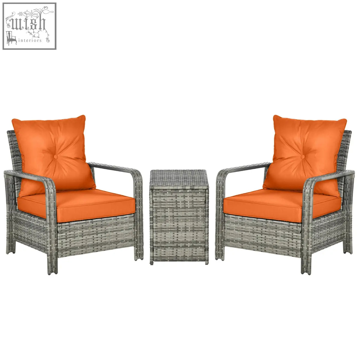 Gray rattan bistro set with vibrant orange cushions and matching storage coffee table for patio use