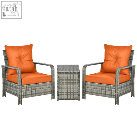 Gray rattan bistro set with vibrant orange cushions and matching storage coffee table for patio use