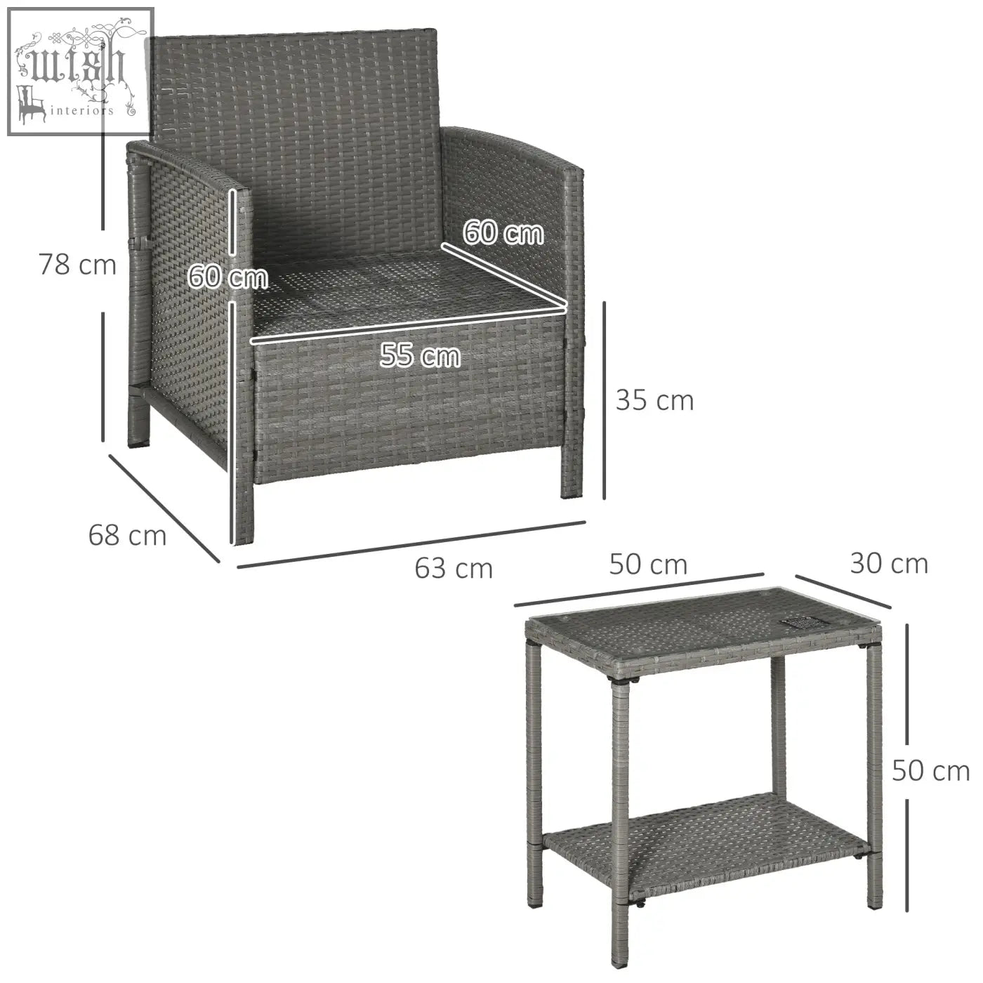 Gray woven wicker armchair and side table with textured weave and stylish striped bolster cushion for outdoor use