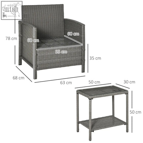 Gray woven wicker armchair and side table with textured weave and stylish striped bolster cushion for outdoor use