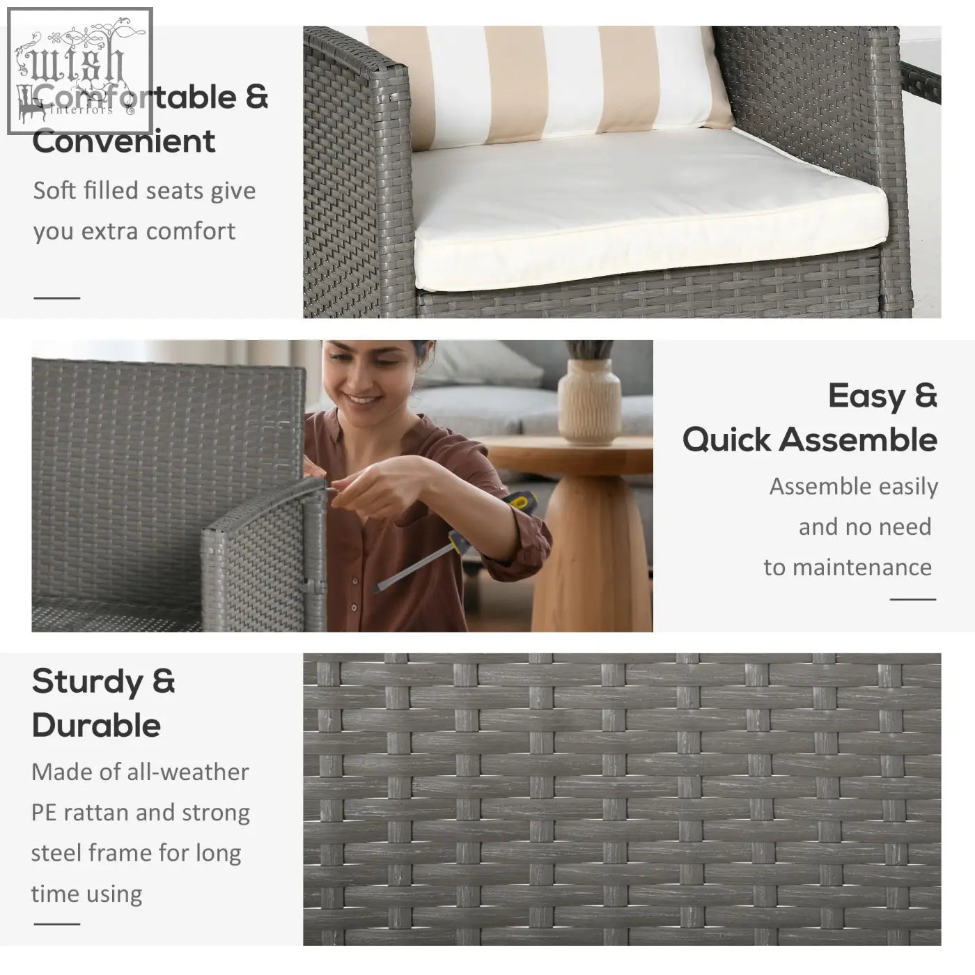Gray woven pe rattan outdoor armchair with soft white cushion and stylish striped bolster pillow from outsunny set