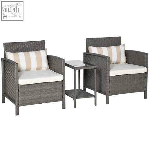 Gray wicker Outsunny 3 piece bistro set with glass top coffee table and stylish striped bolster cushions for patio
