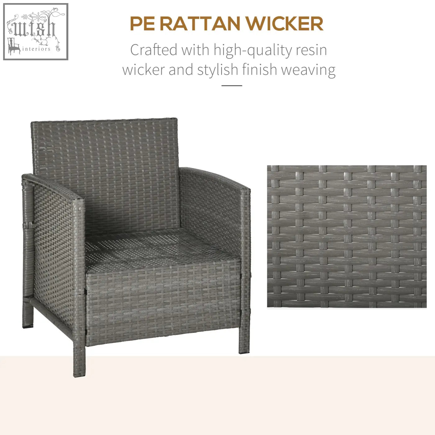 Gray pe rattan wicker armchair with woven texture and striped bolster cushion in stylish outdoor bistro set