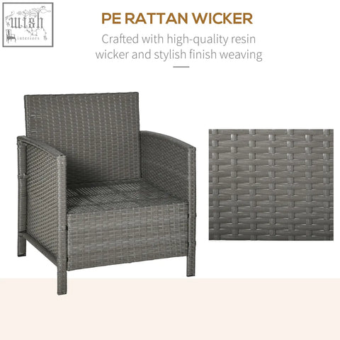 Gray pe rattan wicker armchair with woven texture and striped bolster cushion in stylish outdoor bistro set