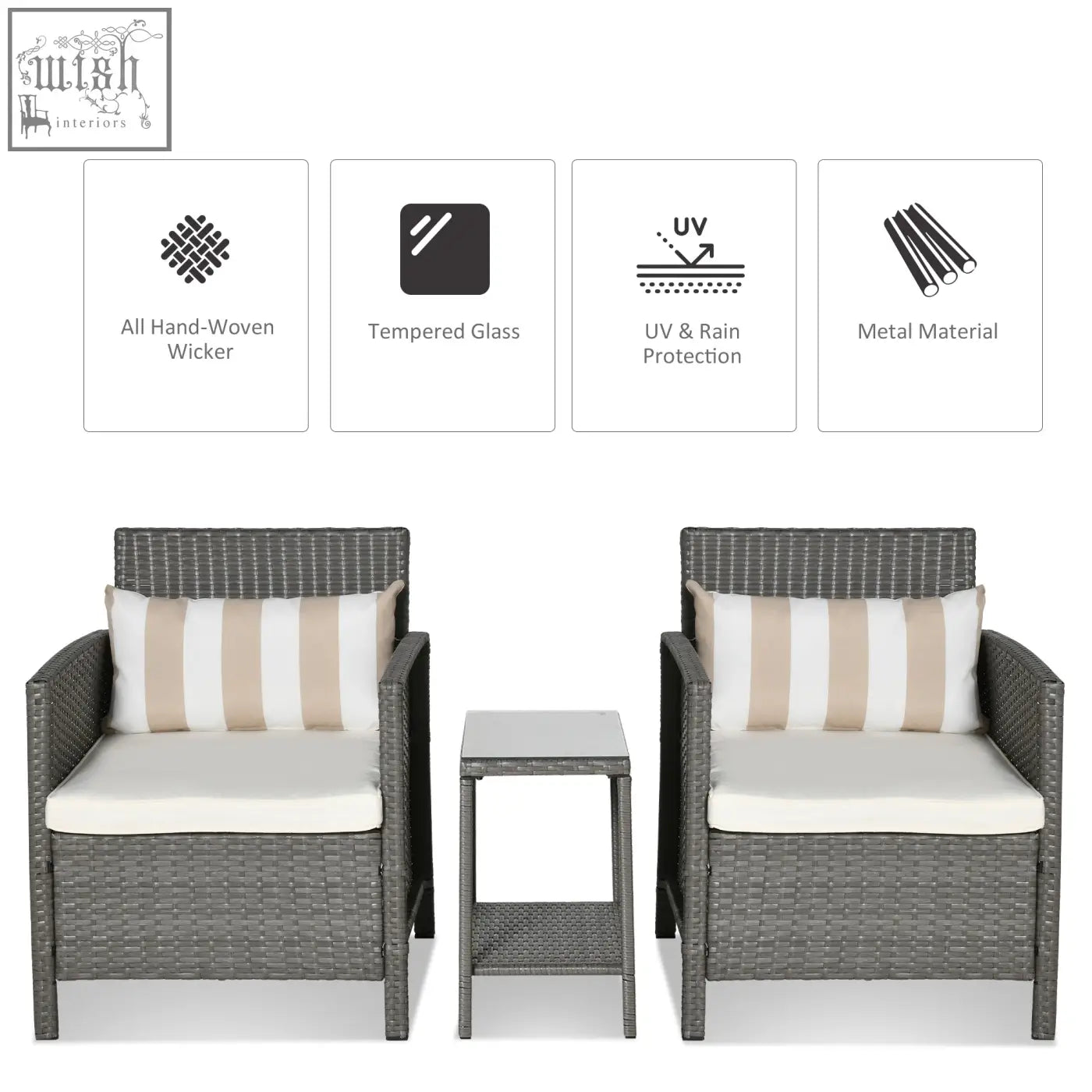 Gray hand-woven wicker patio chair set with cream and beige stylish striped bolster cushions and glass top coffee table