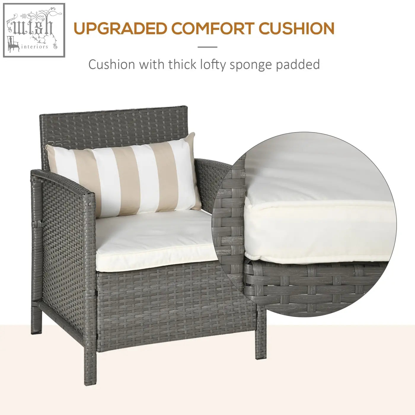 Gray wicker outdoor armchair with white cushion and stylish striped bolster cushion from outsunny bistro set with coffee table