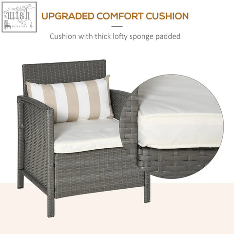 Gray wicker outdoor armchair with white cushion and stylish striped bolster cushion from outsunny bistro set with coffee table
