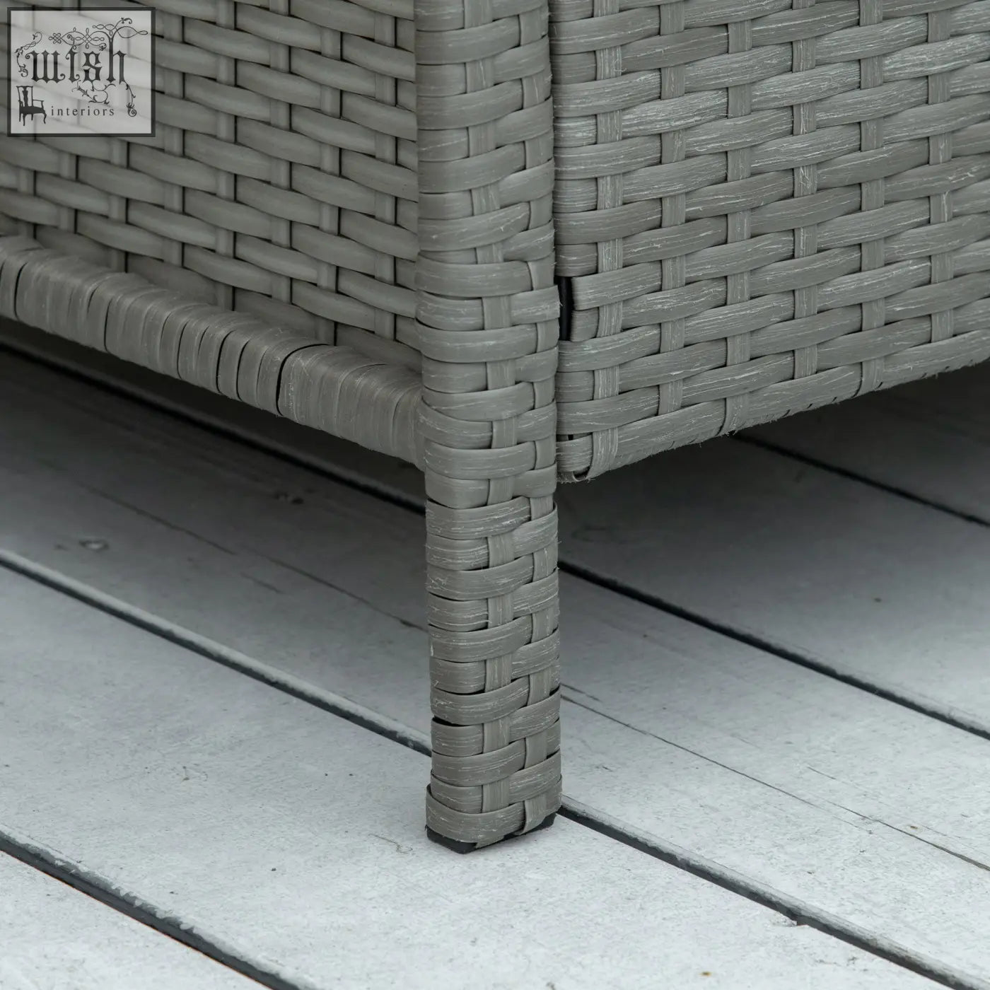 Gray woven wicker outdoor side table with sturdy interlaced design and rounded legs in outsunny coffee table set with stylish striped bolster cushions
