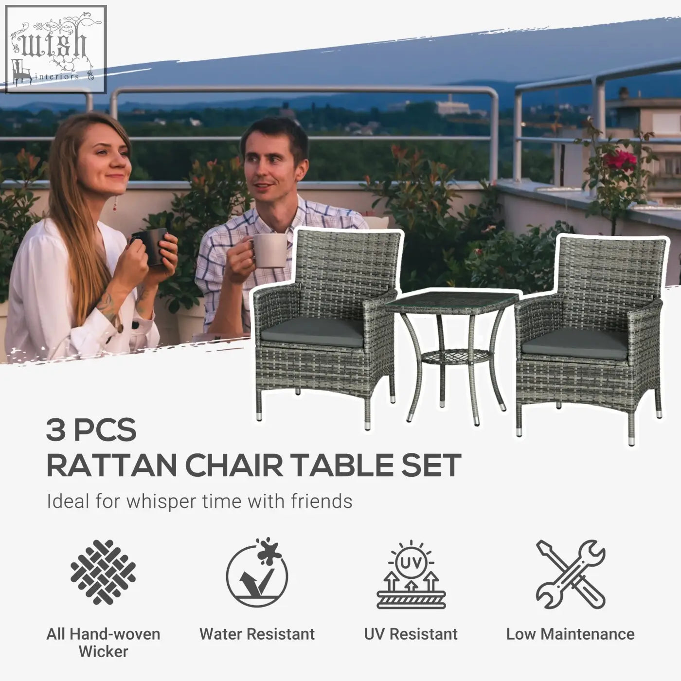Gray woven wicker rattan bistro set with dark gray cushioned seats and 2-tier coffee table for outdoor patio