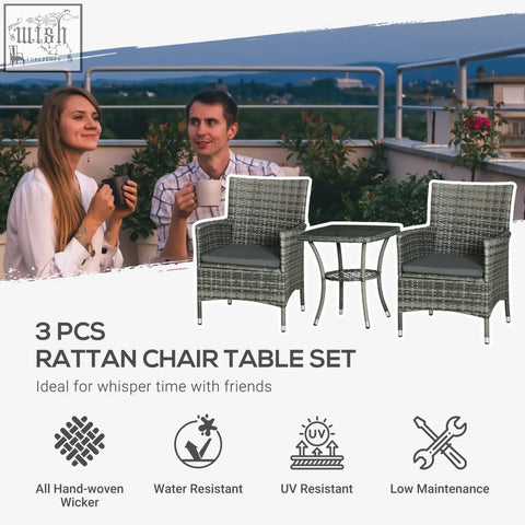 Gray woven wicker rattan bistro set with dark gray cushioned seats and 2-tier coffee table for outdoor patio