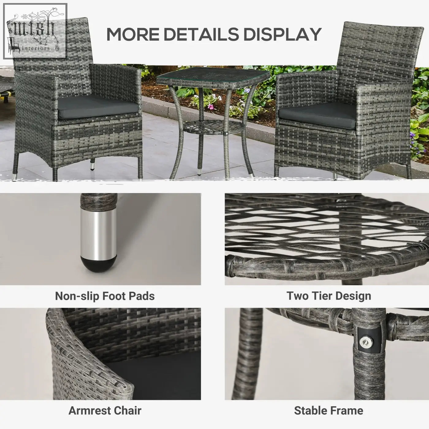 Gray woven rattan bistro set with black cushions metal legs and 2 tier coffee table for outdoor patio use