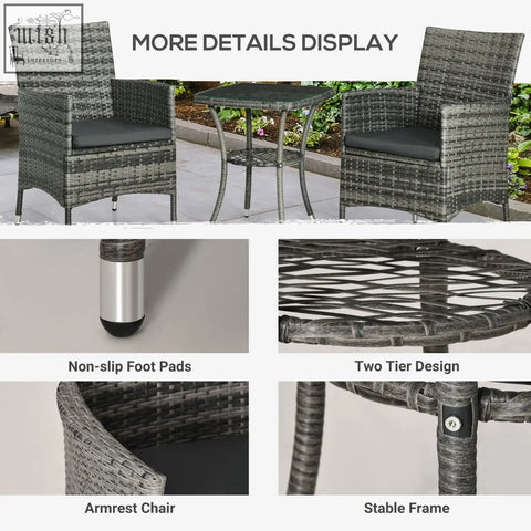 Gray woven rattan bistro set with black cushions metal legs and 2 tier coffee table for outdoor patio use