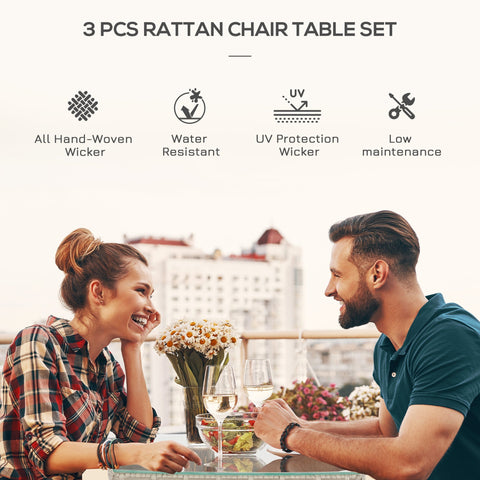 Outsunny 3 Pieces Rattan Bistro Set, Wicker Garden Furniture Set with 2-Tier Coffee Table and Chairs, Washable Cushions, for Outdoor Patio Balcony, Grey