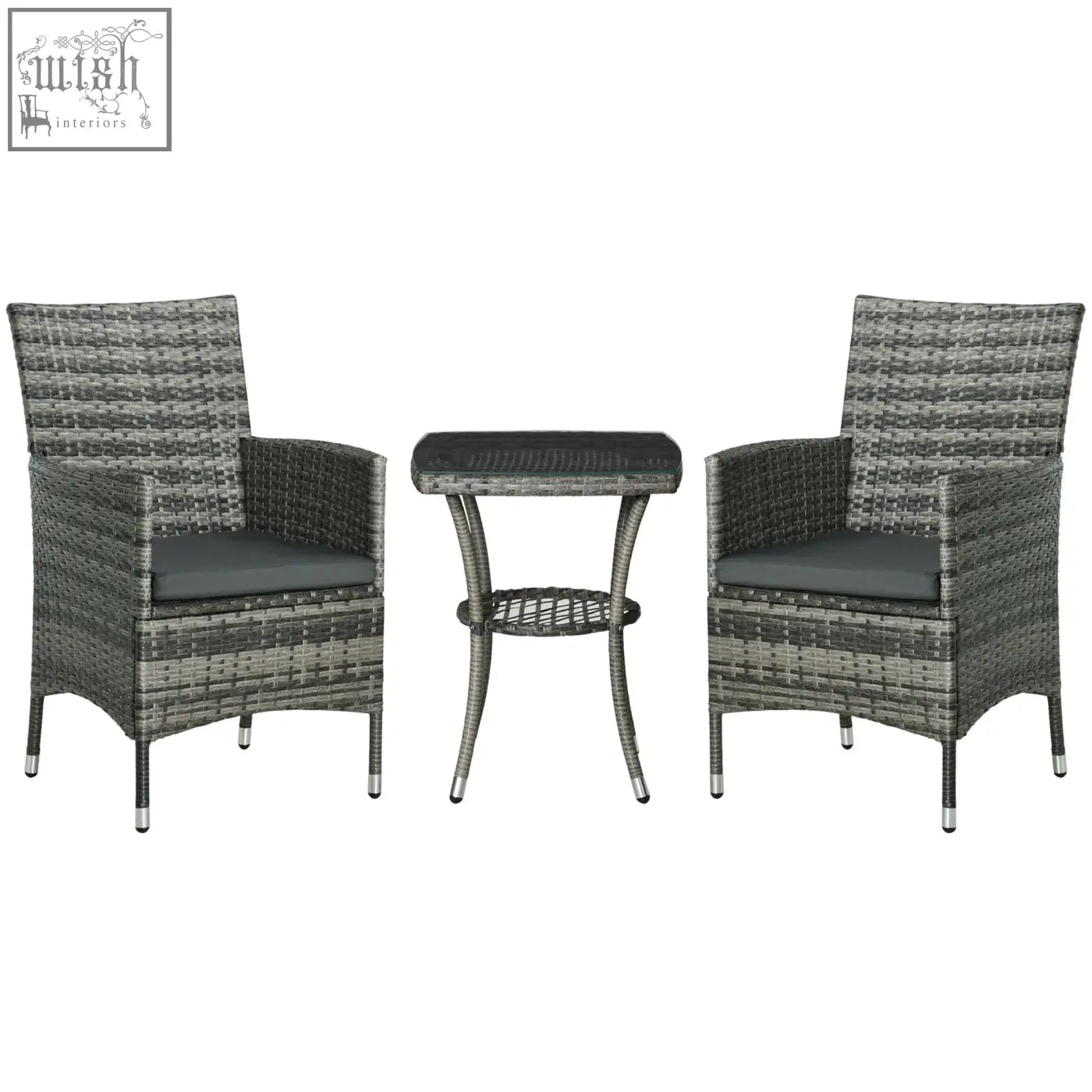 Gray wicker rattan bistro set with two armchairs dark gray cushions and 2-tier coffee table for outdoor patio