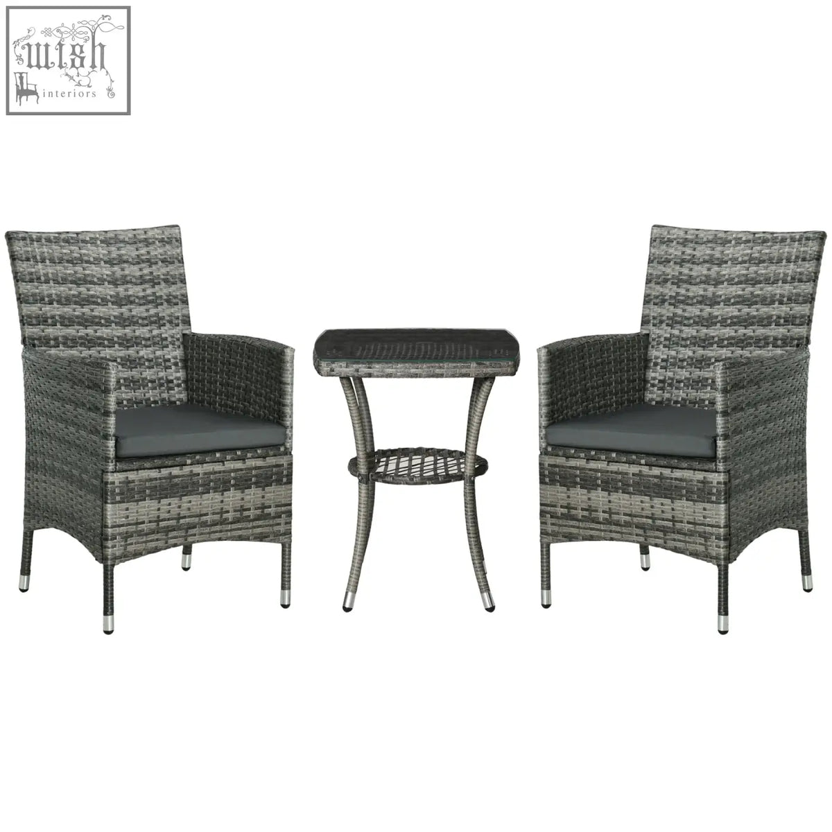 Gray wicker rattan bistro set with two armchairs dark gray cushions and 2-tier coffee table for outdoor patio