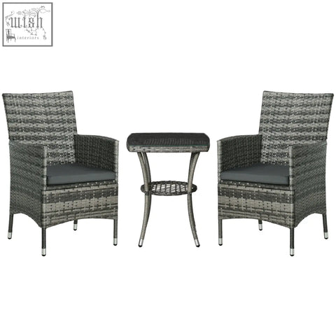 Gray wicker rattan bistro set with two armchairs dark gray cushions and 2-tier coffee table for outdoor patio