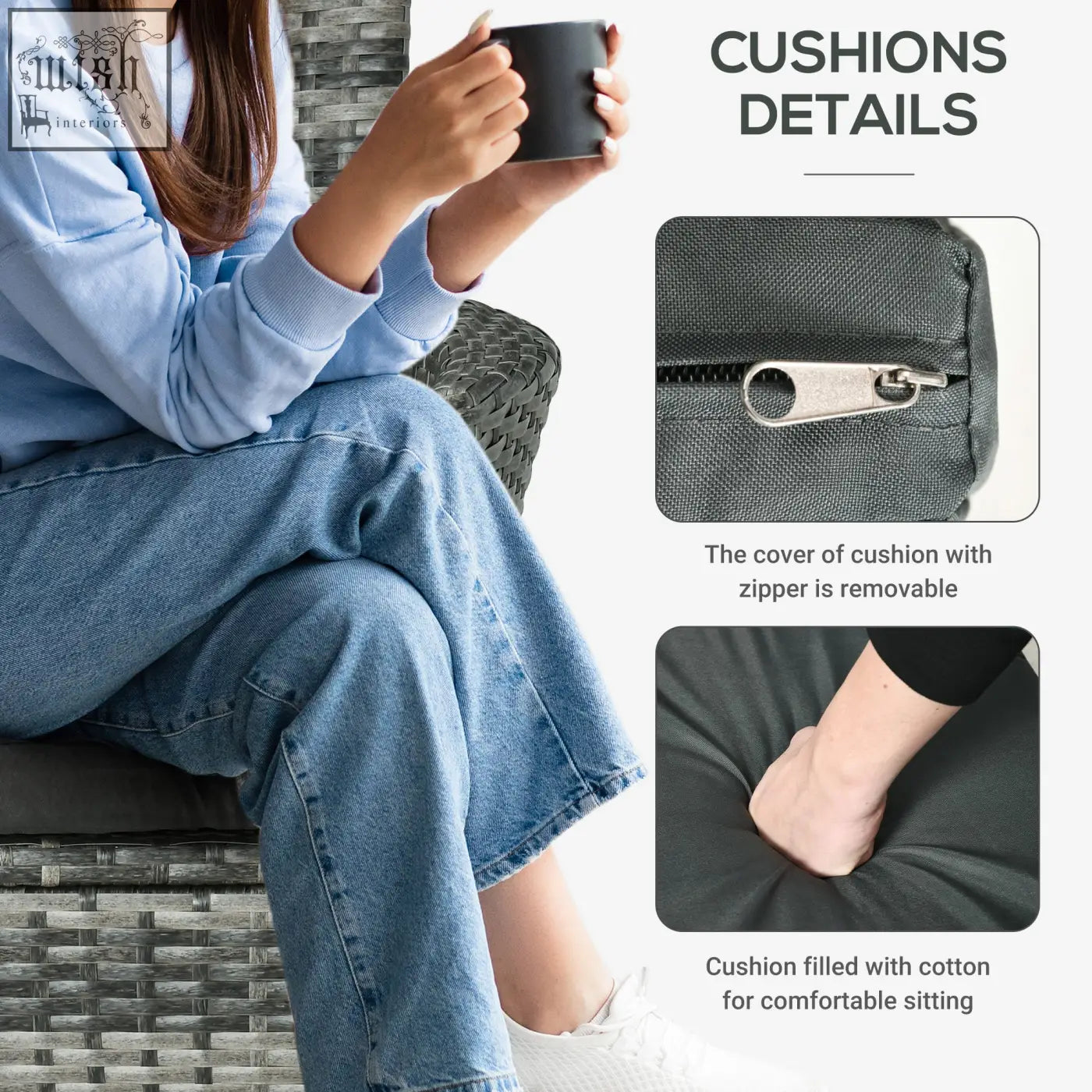 Dark gray fabric cushion with removable zipper cover and cotton filling for outsunny rattan bistro set outdoor use