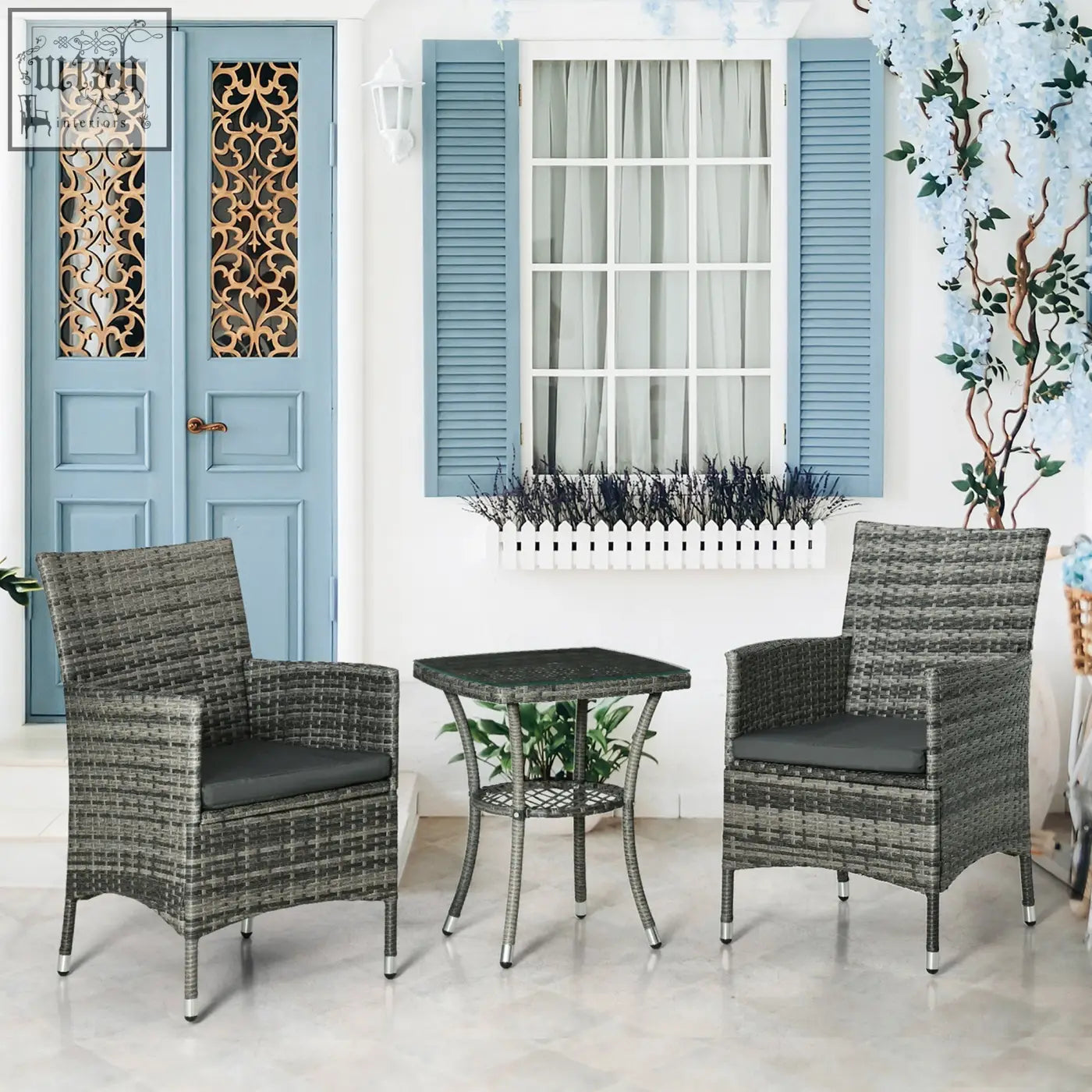 Gray woven rattan bistro set with dark gray cushioned seats and 2-tier coffee table for outdoor patio use