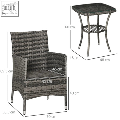 Gray woven wicker rattan bistro set with metal legs and glass top coffee table for outdoor patio or balcony seating