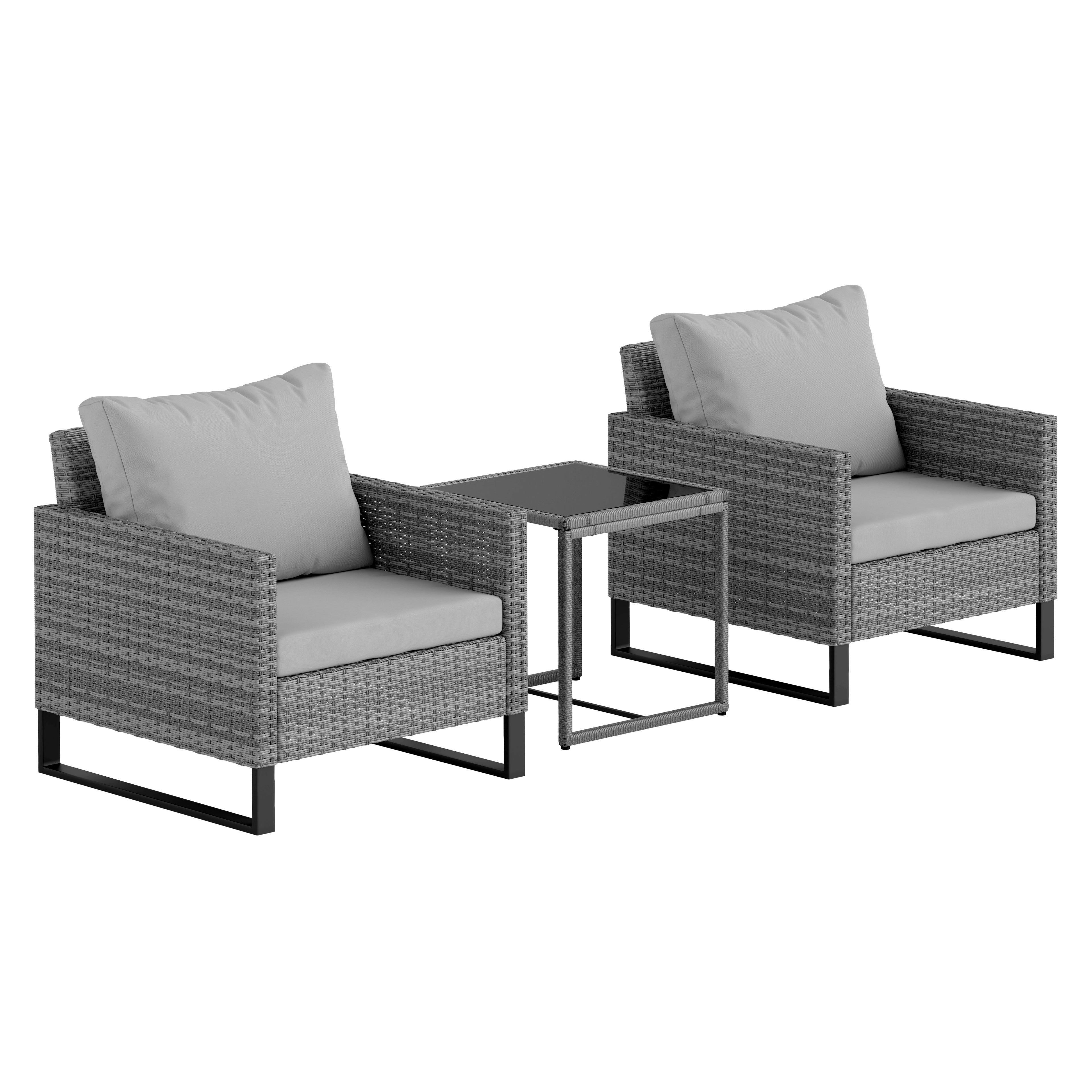 Gray woven wicker rattan bistro set with black metal legs and light gray cushions for outdoor patio use