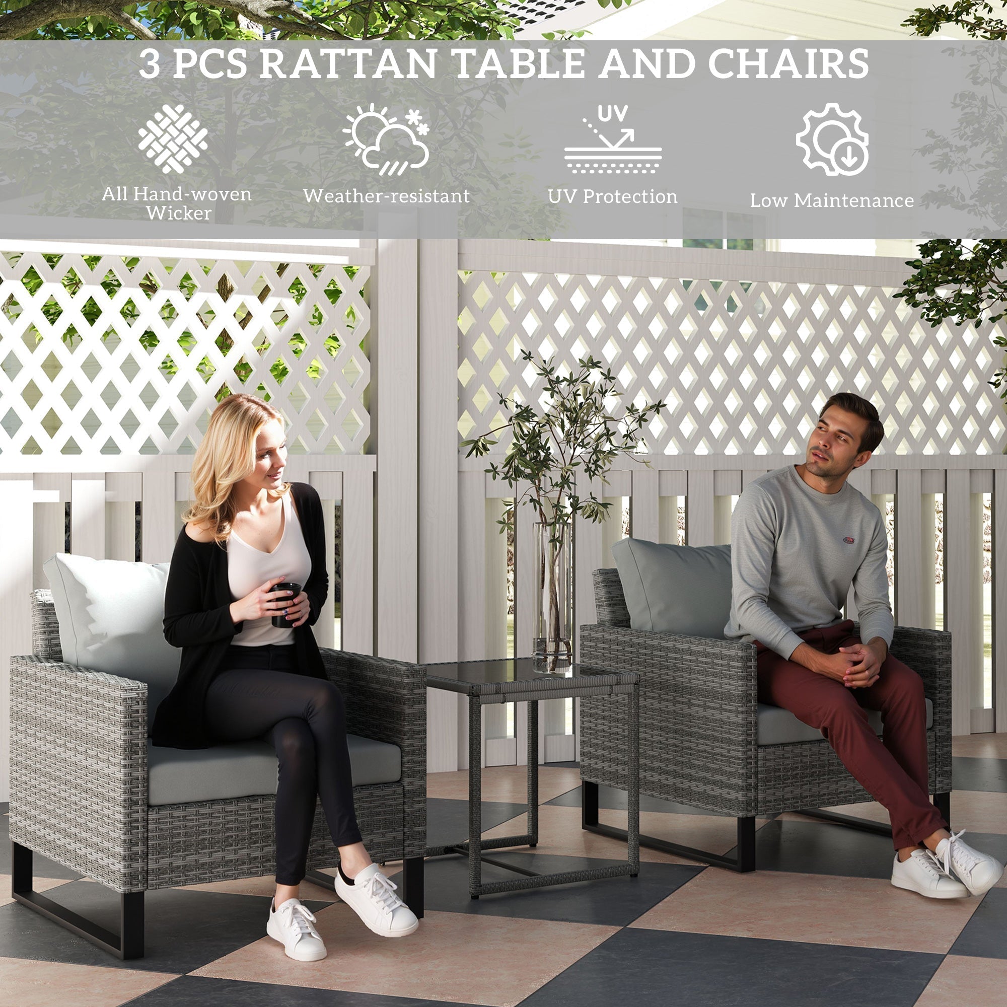 Gray woven rattan bistro set with glass top table and four cushions perfect for outdoor patio and balcony use