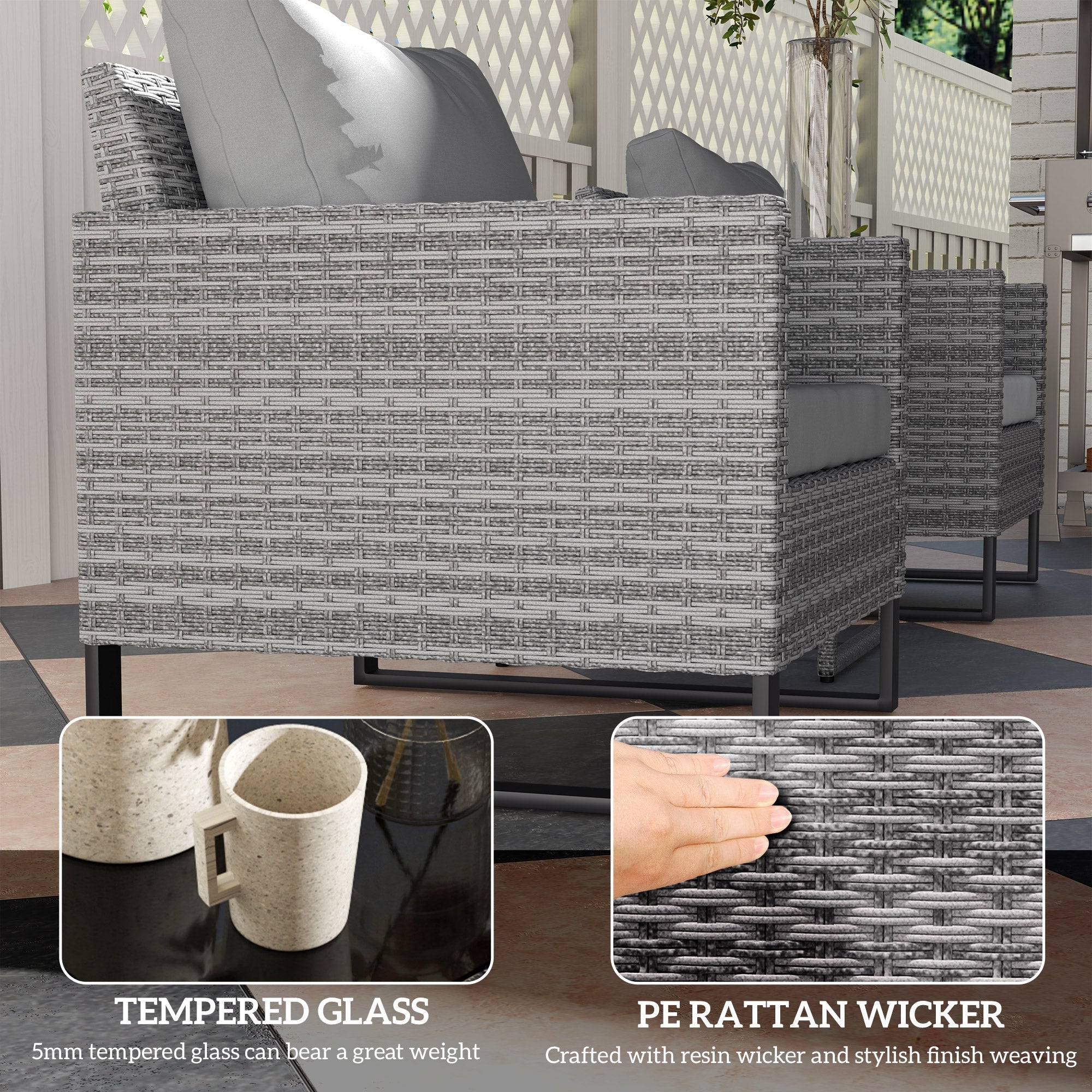 Gray pe rattan bistro set with woven texture and dark gray cushions including glass top coffee table for outdoor use