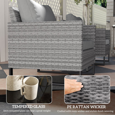 Gray pe rattan bistro set with woven texture and dark gray cushions including glass top coffee table for outdoor use