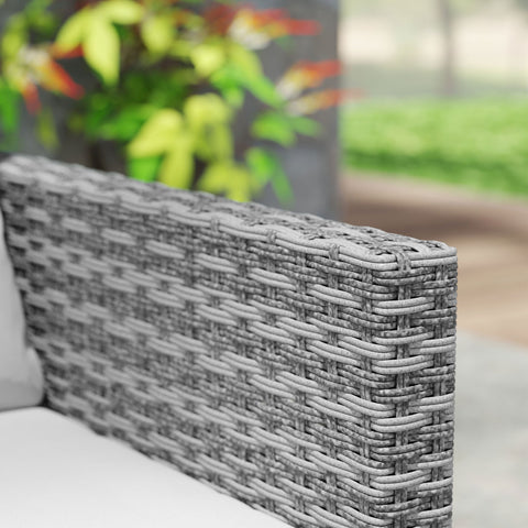 Gray woven wicker armrest of outsunny rattan bistro set designed for outdoor patio and garden seating comfort