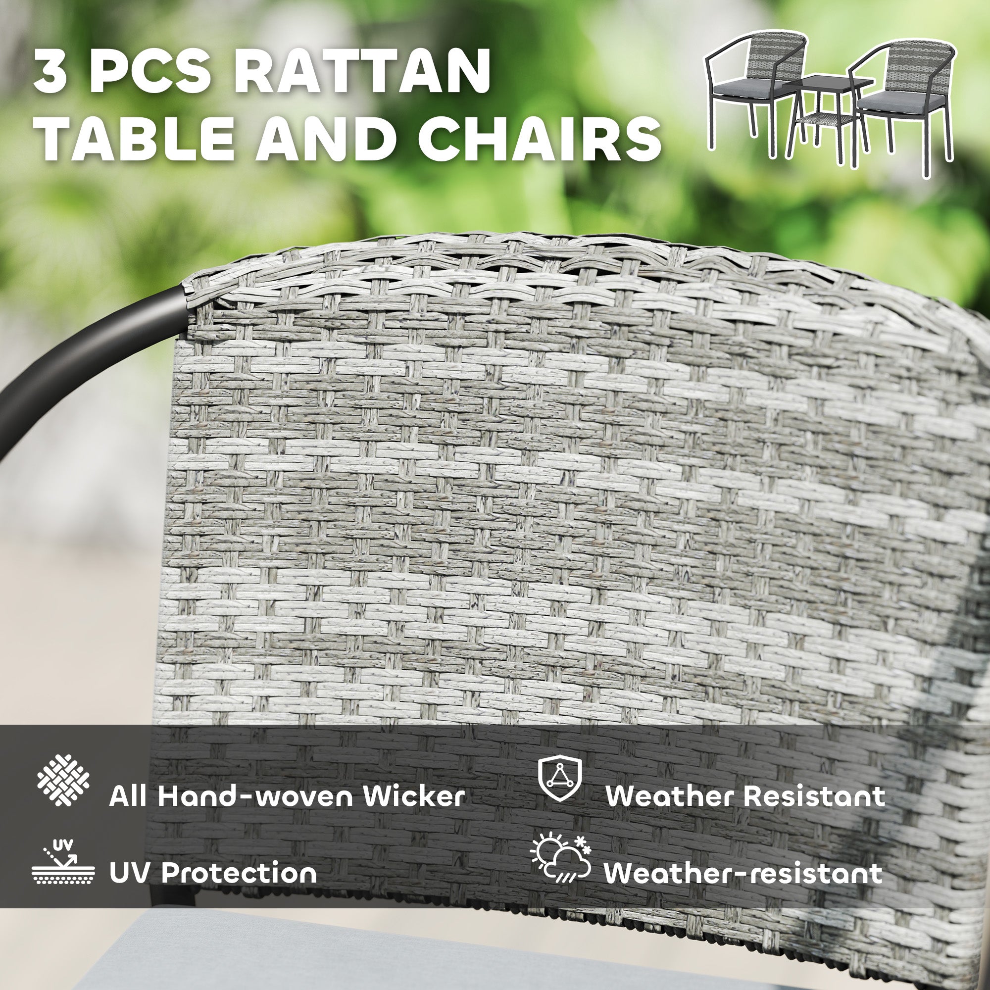 Back view of gray woven rattan bistro set chair with black metal frame from outsunny outdoor patio furniture
