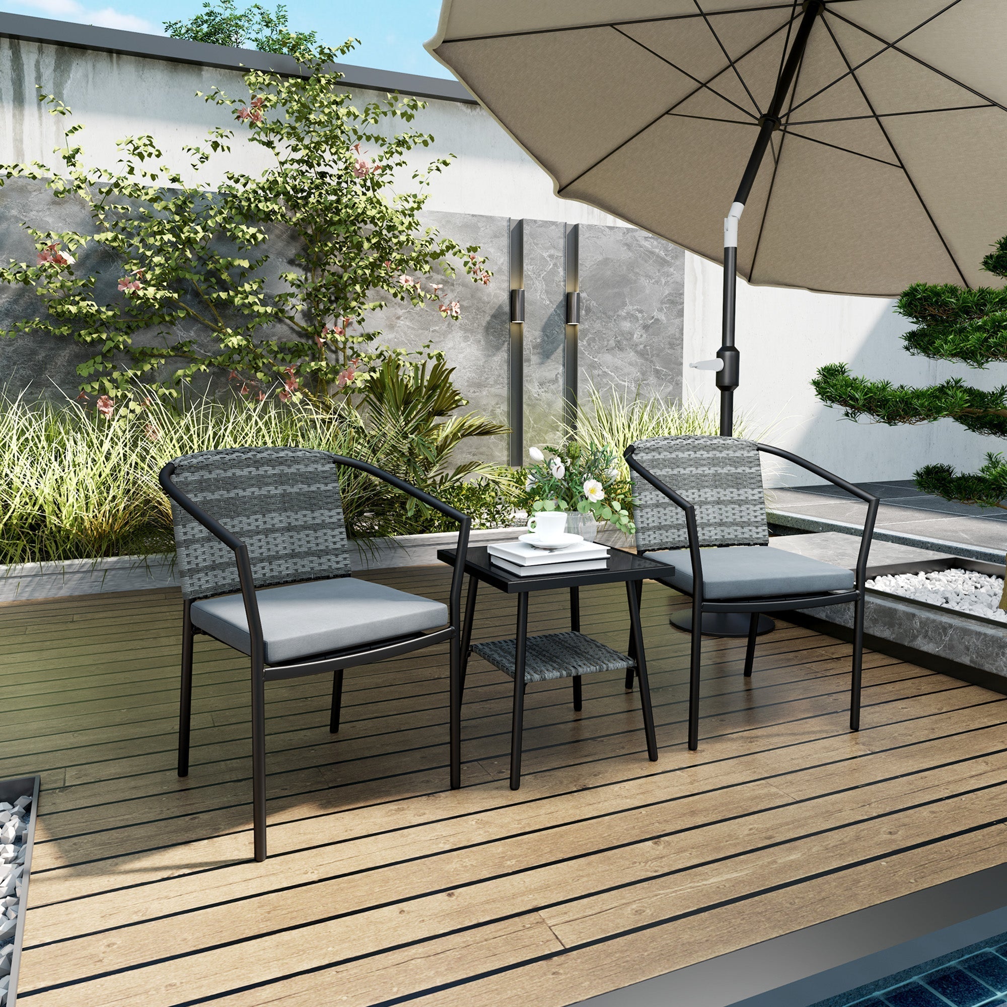 Outsunny grey rattan bistro set with black metal frame woven seats cushions and glass top table for outdoor patio