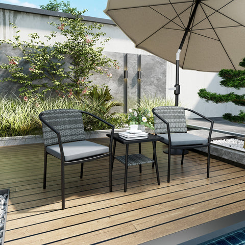 Outsunny grey rattan bistro set with black metal frame woven seats cushions and glass top table for outdoor patio