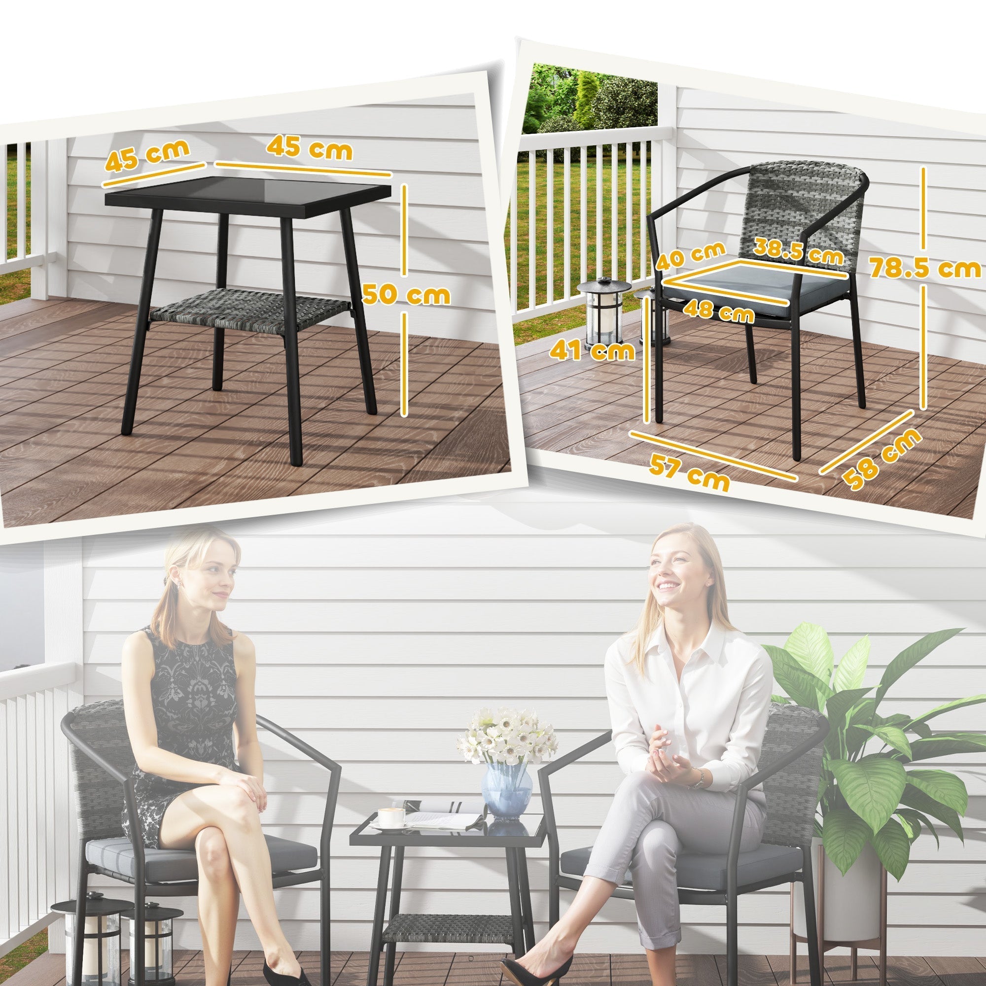 Black wicker patio chair with dark gray cushion and metal frame from outsunny rattan bistro set for outdoor use