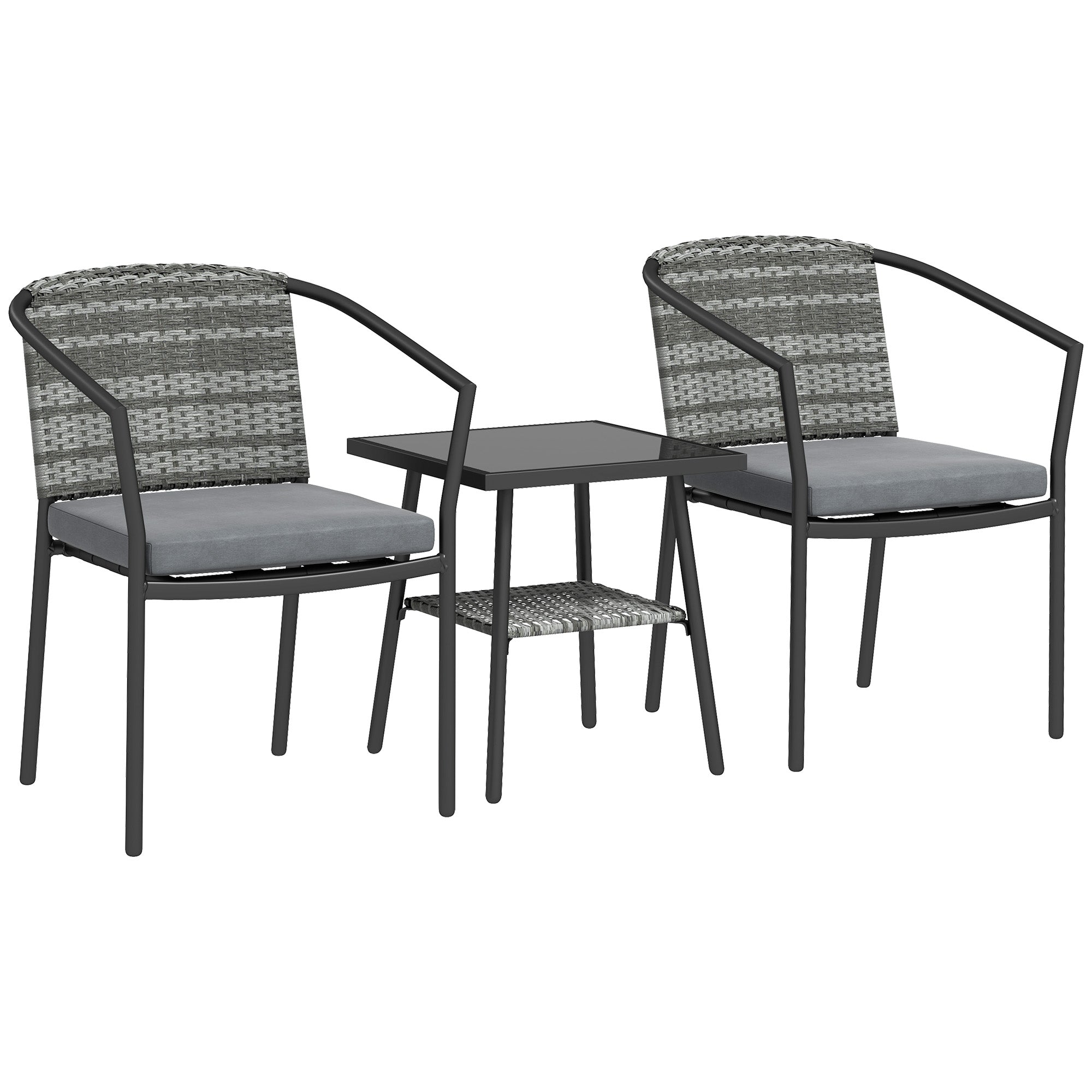Gray woven wicker rattan bistro set with black metal frame and gray cushions for outdoor patio and balcony use