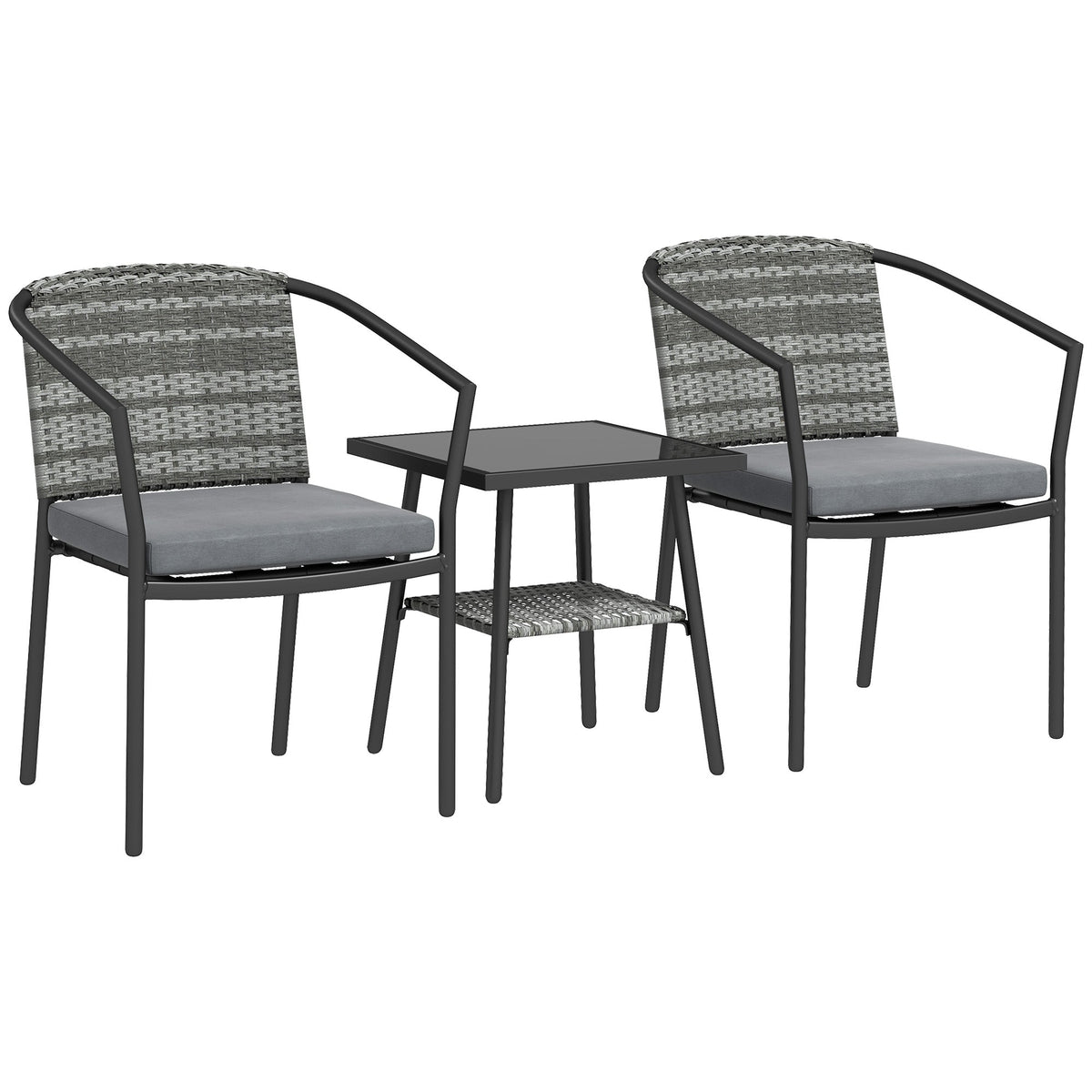 Gray woven wicker rattan bistro set with black metal frame and gray cushions for outdoor patio and balcony use