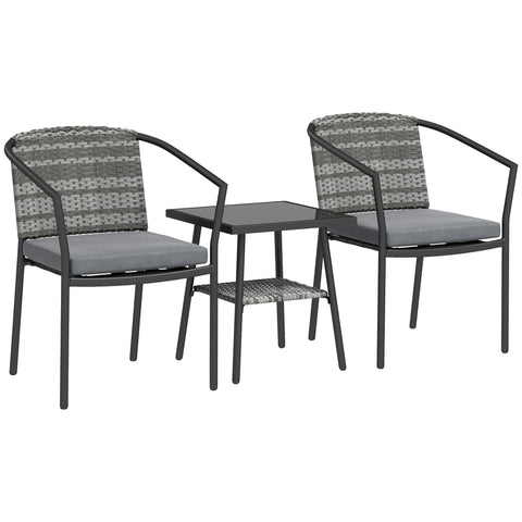 Gray woven wicker rattan bistro set with black metal frame and gray cushions for outdoor patio and balcony use