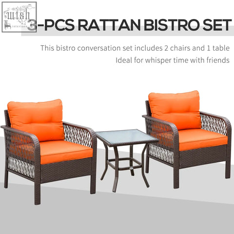 Outsunny 3 piece rattan bistro set with two dark brown woven chairs, orange cushions, and tempered glass coffee table for outdoor use