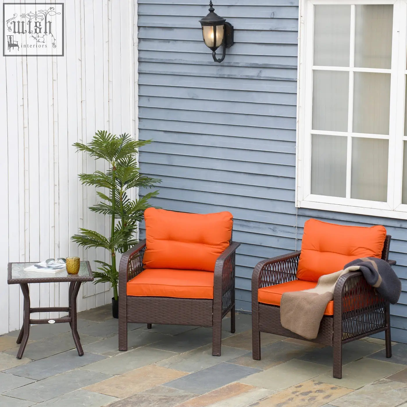 Outsunny 3 piece rattan garden set with orange cushioned wicker chairs and tempered glass coffee table for outdoor use