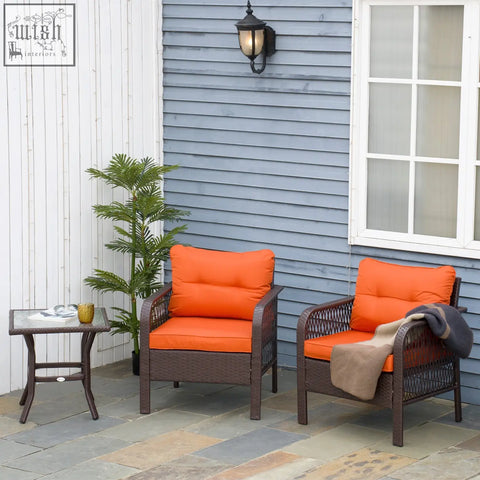 Outsunny 3 piece rattan garden set with orange cushioned wicker chairs and tempered glass coffee table for outdoor use